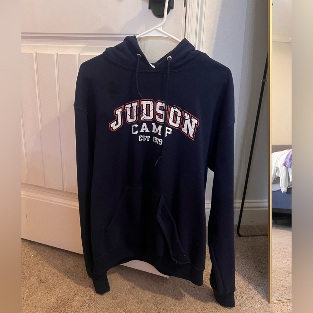 A navy camp hoodie